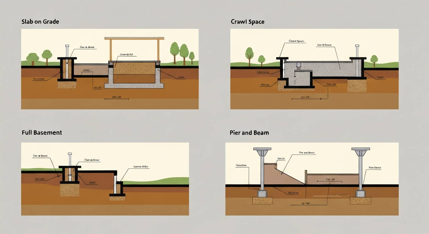 Comparative cross-section diagram of residential foundation systems