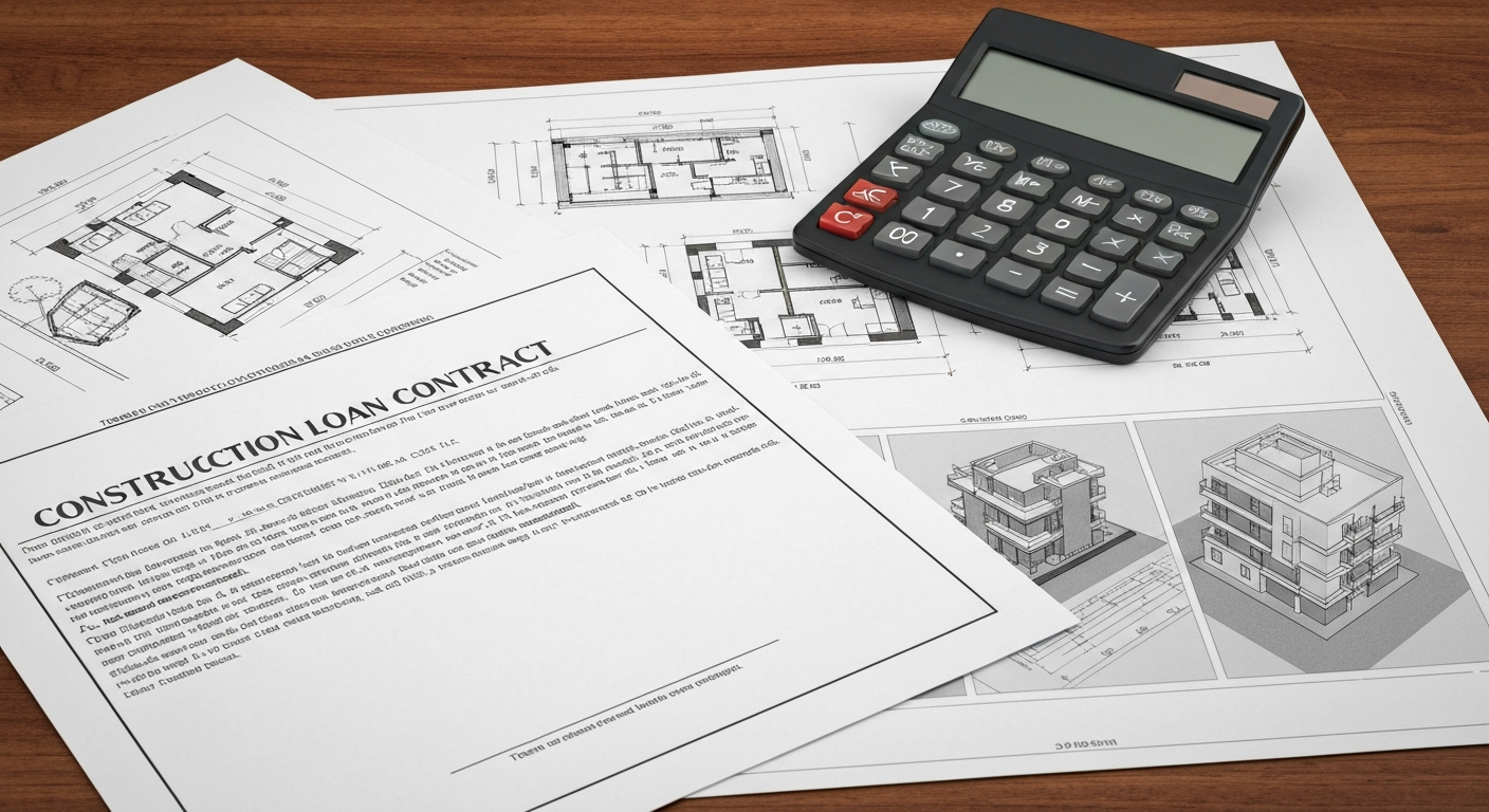 A close up of a construction loan contract, architectural blueprints, and a calculator on a wooden desk. Professional lighting