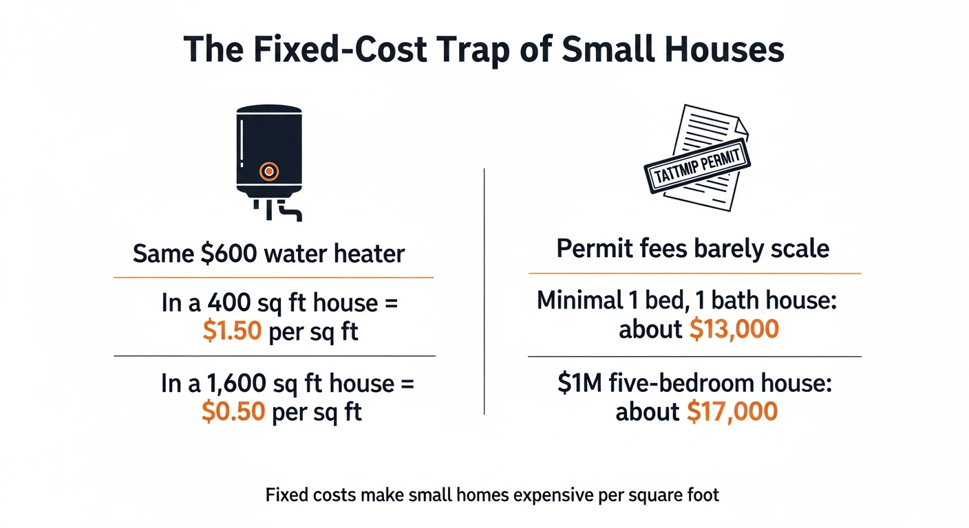 Infographic explaining the fixed-cost trap of small houses using a water heater and permit fee comparison