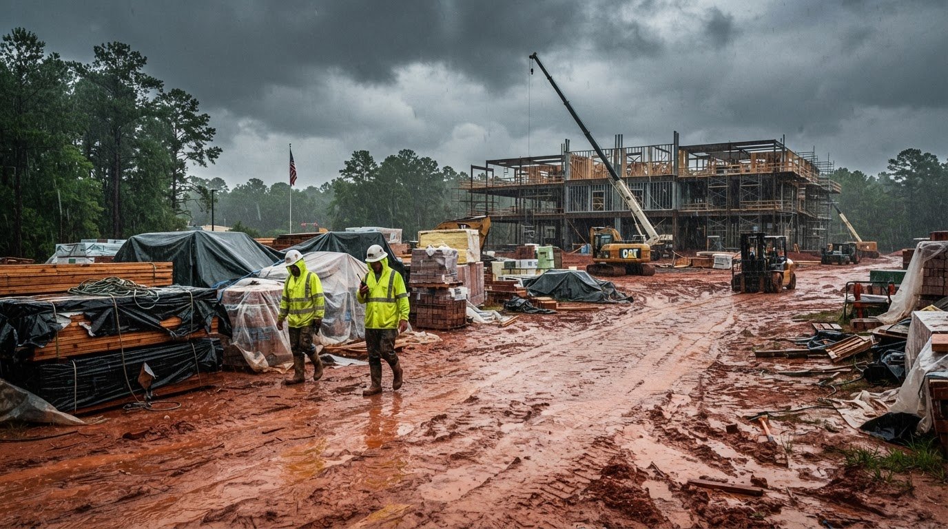 Construction site in Georgia during summer rainstorm