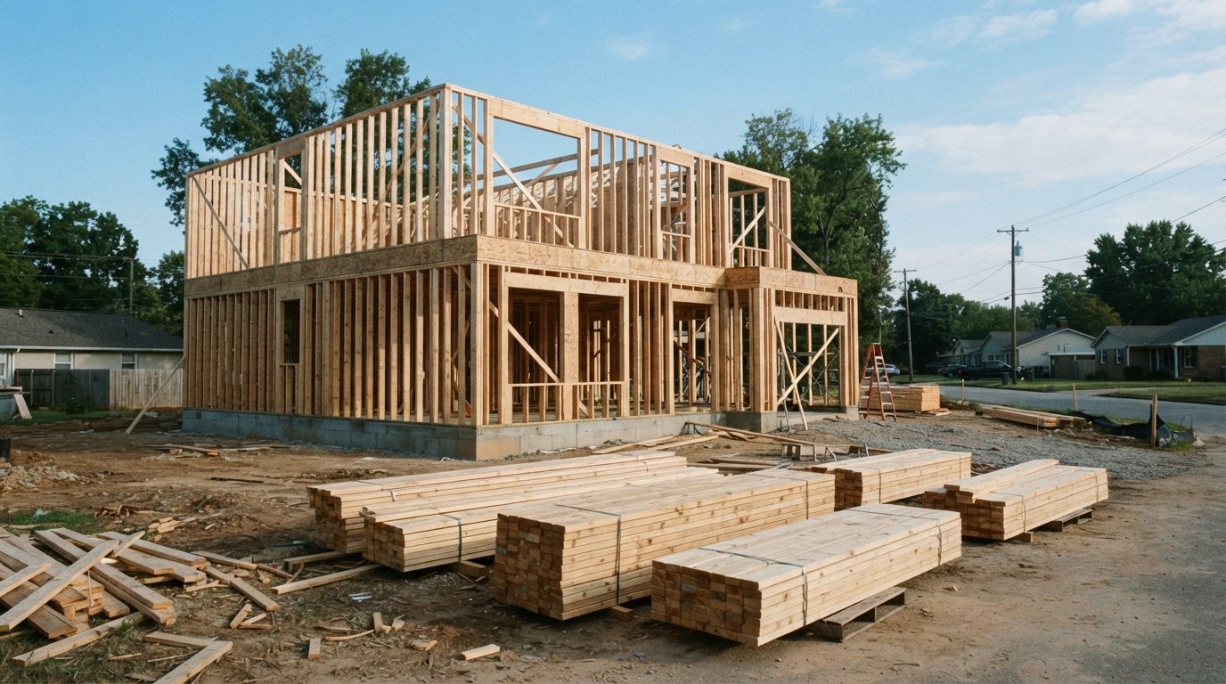Residential construction site with framed two-story house and organized stacked lumber
