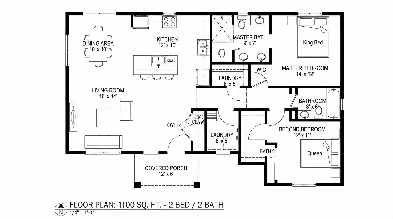 1100 sq ft 2 bedroom 2 bath floor plan