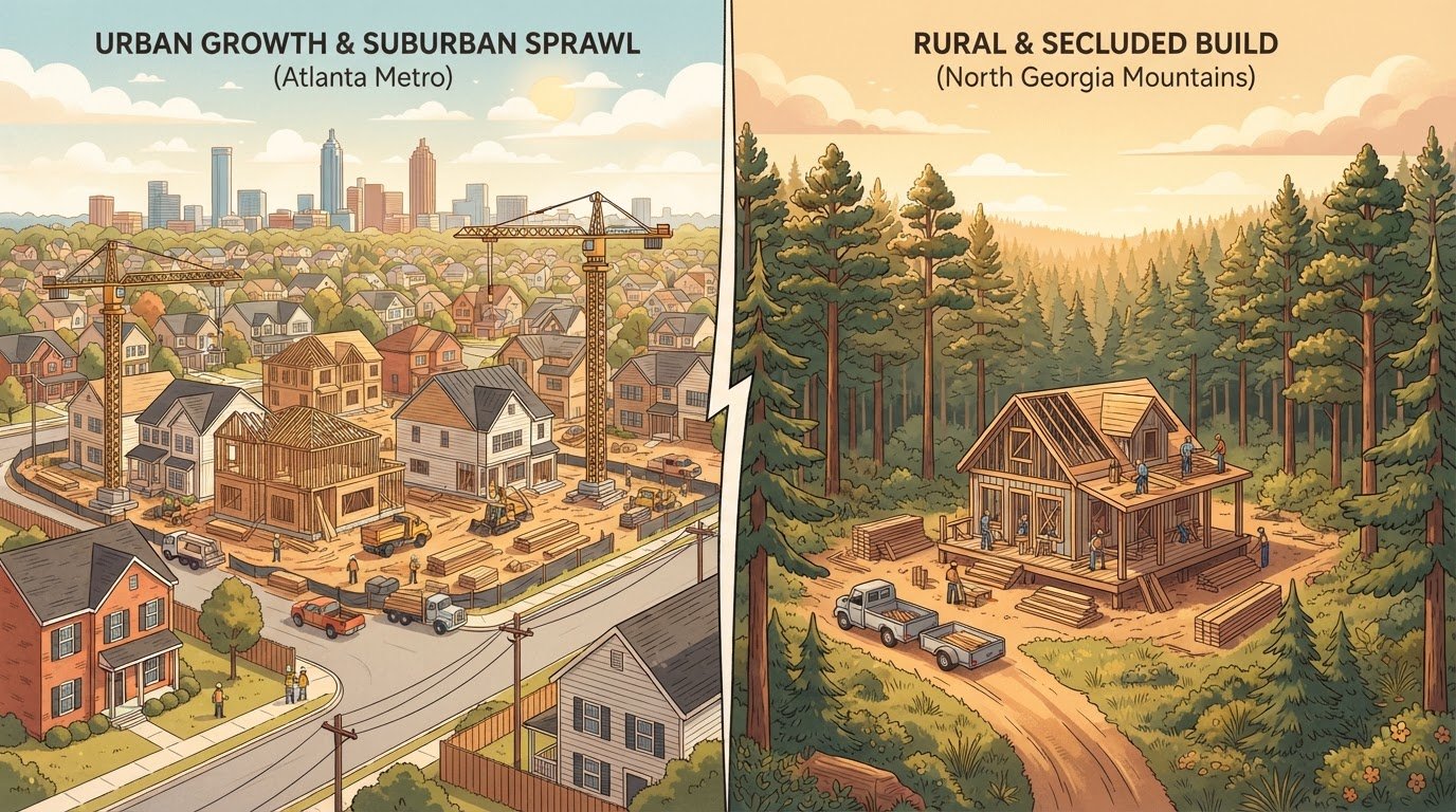 Comparison between suburban Atlanta construction and rural Georgia home build
