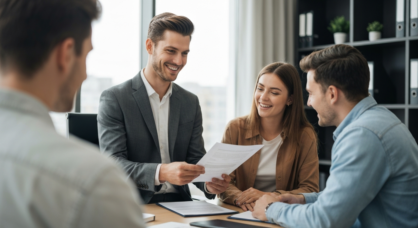 A professional meeting between a financial advisor and a couple reviewing construction loan documents in a modern office