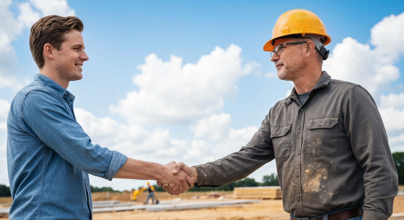 A professional handshake between a homeowner and a builder on a construction site, symbolizing trust and builder vetting