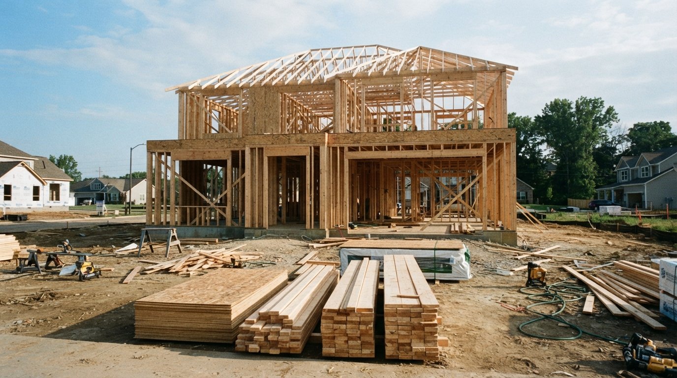 Residential construction site with a framed house and organized stacked lumber