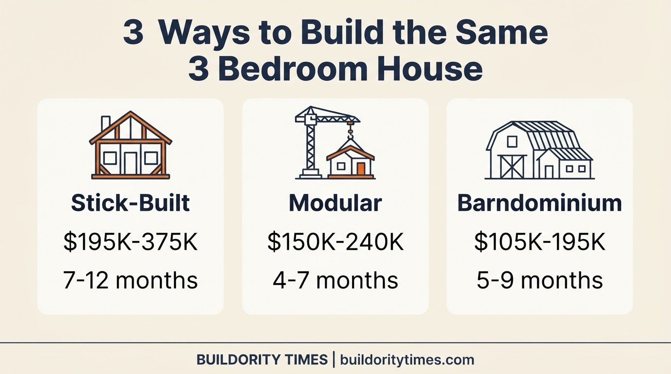 3 Ways to Build the Same 3 Bedroom House comparison infographic