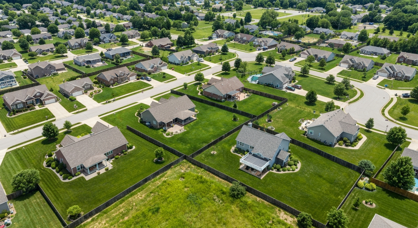 Aerial view of a suburban neighborhood with single-family homes