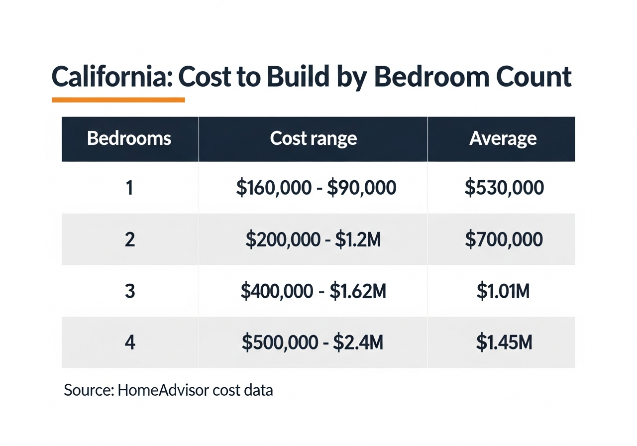 Styled table graphic of California home building cost by number of bedrooms