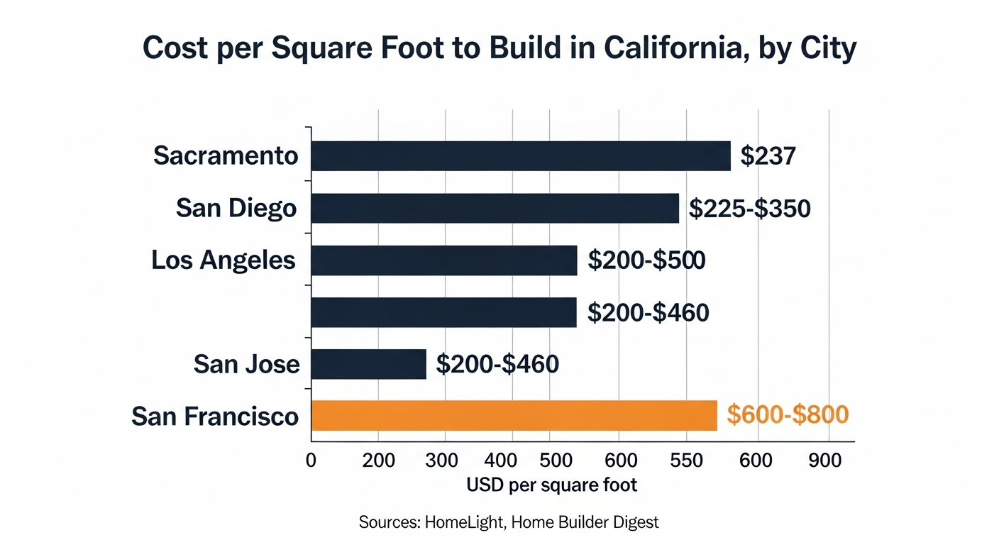 Horizontal range chart of construction cost per square foot in five California cities, from Sacramento to San Francisco
