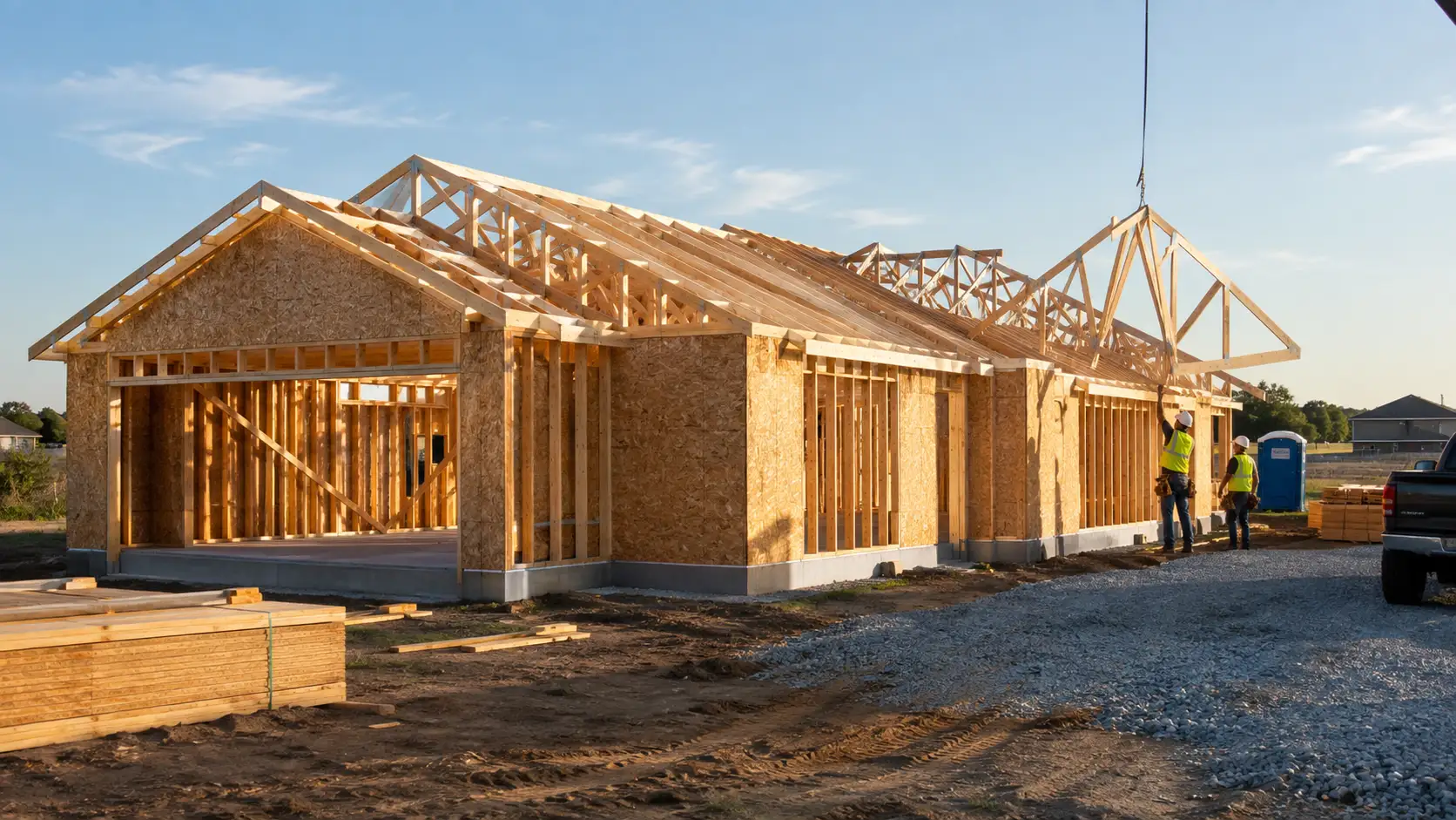 Single-story 1,500 sq ft house under construction with framing complete and roof trusses being set