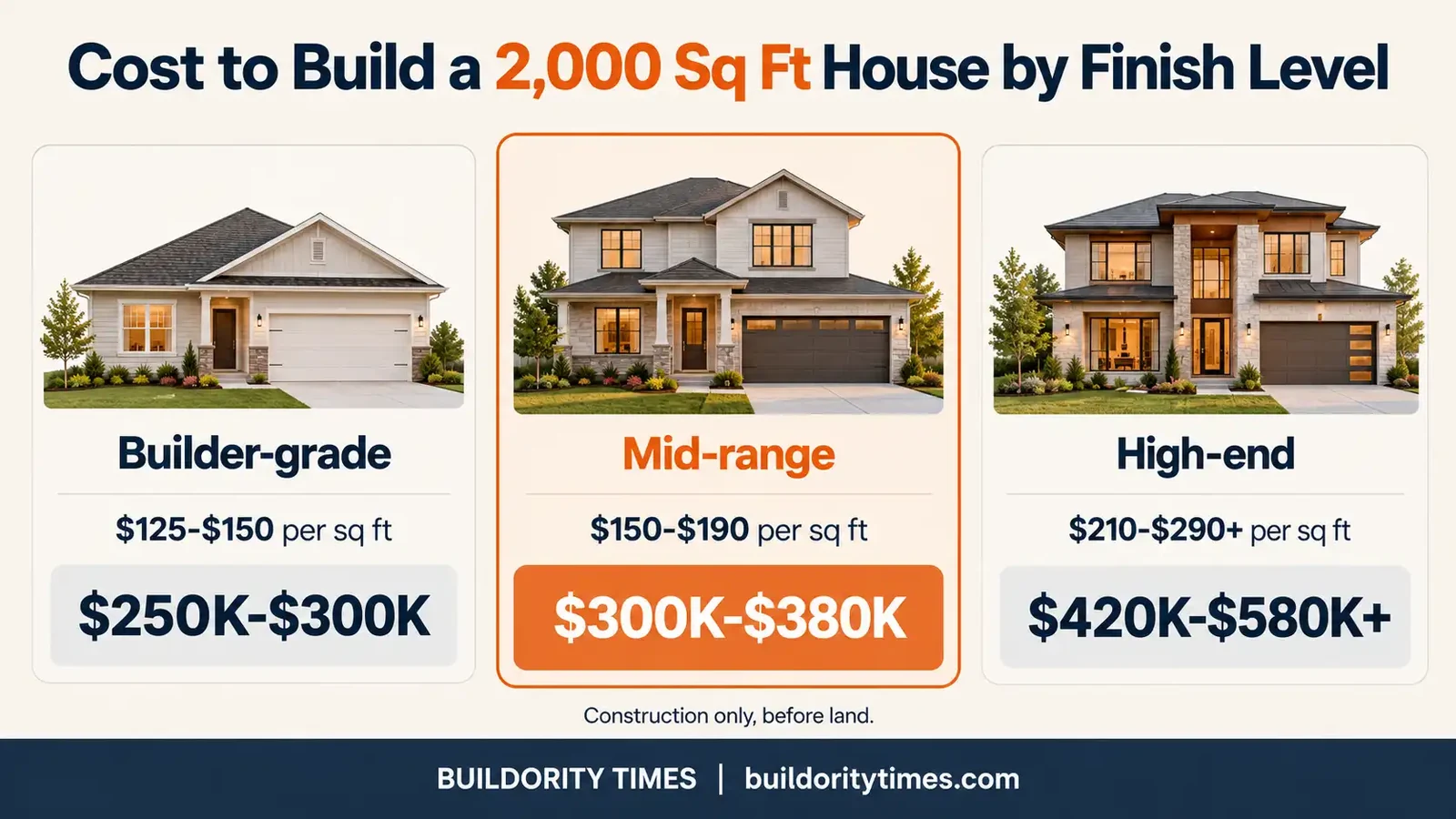 Infographic comparing the cost to build a 2,000 sq ft house at builder-grade, mid-range and high-end finish levels