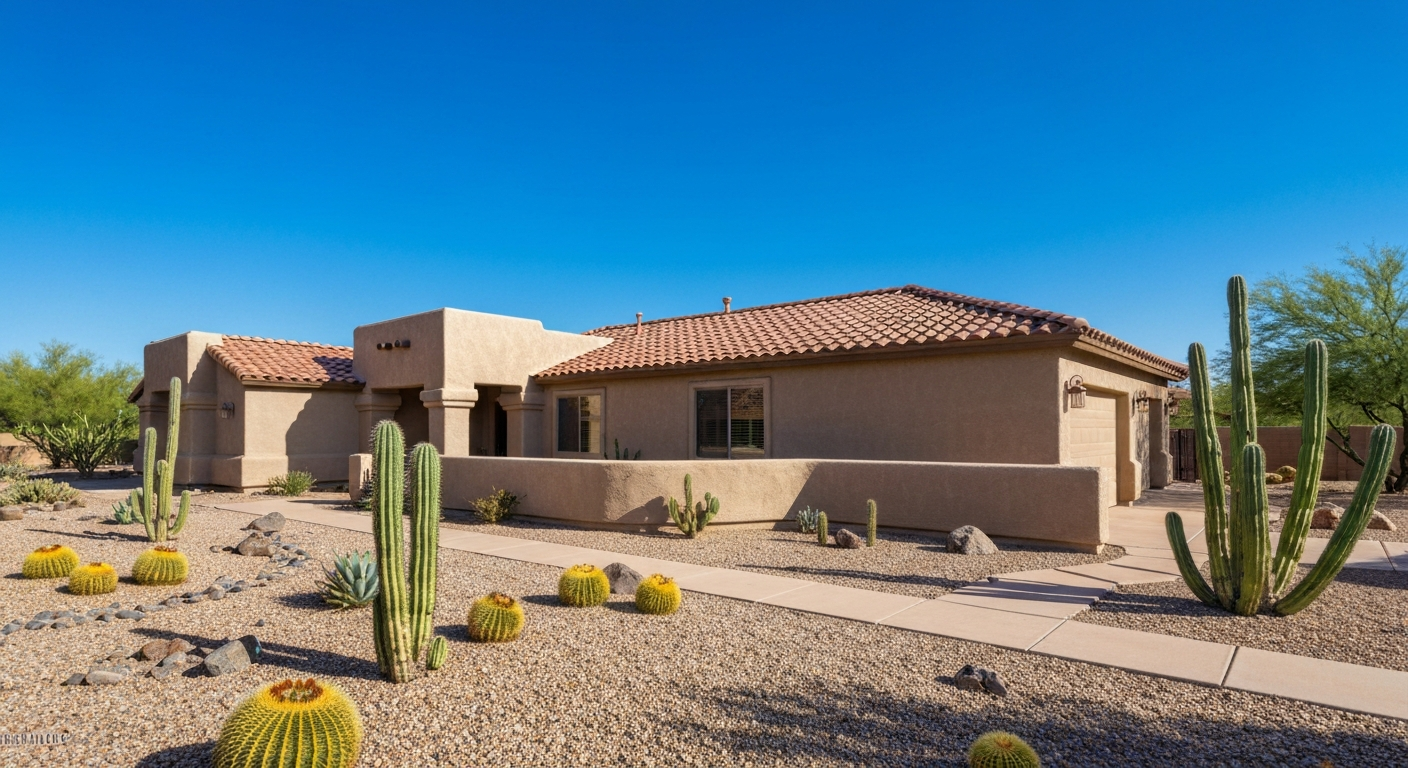 Completed Arizona single-family home exterior with desert landscaping