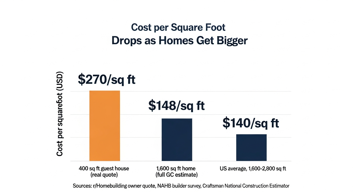 Bar chart showing cost per square foot decreasing as home size increases, from $270 for 400 square feet to $140 for average-sized US homes
