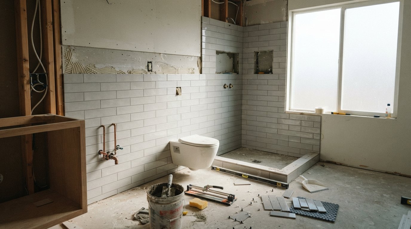 Modern bathroom under construction with tile partially installed