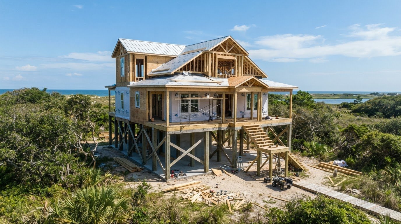 Elevated custom home under construction near the North Carolina coast