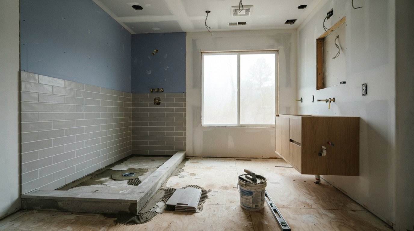 Bright modern bathroom under construction with tile partially installed